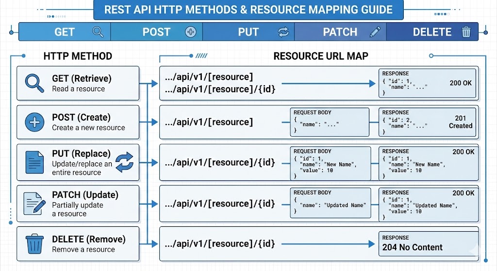 REST API HTTP 메서드-URL 매핑 다이어그램 / Alt: REST API HTTP 메서드와 URL 엔드포인트 매핑 다이어그램