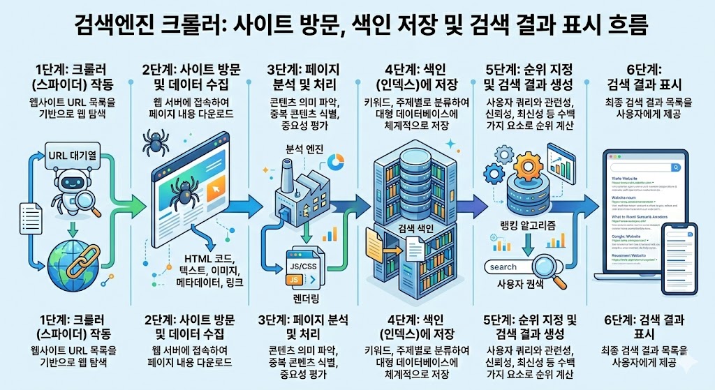 검색엔진 크롤러의 색인 과정 다이어그램 – robots.txt, 색인, 검색 결과 순서